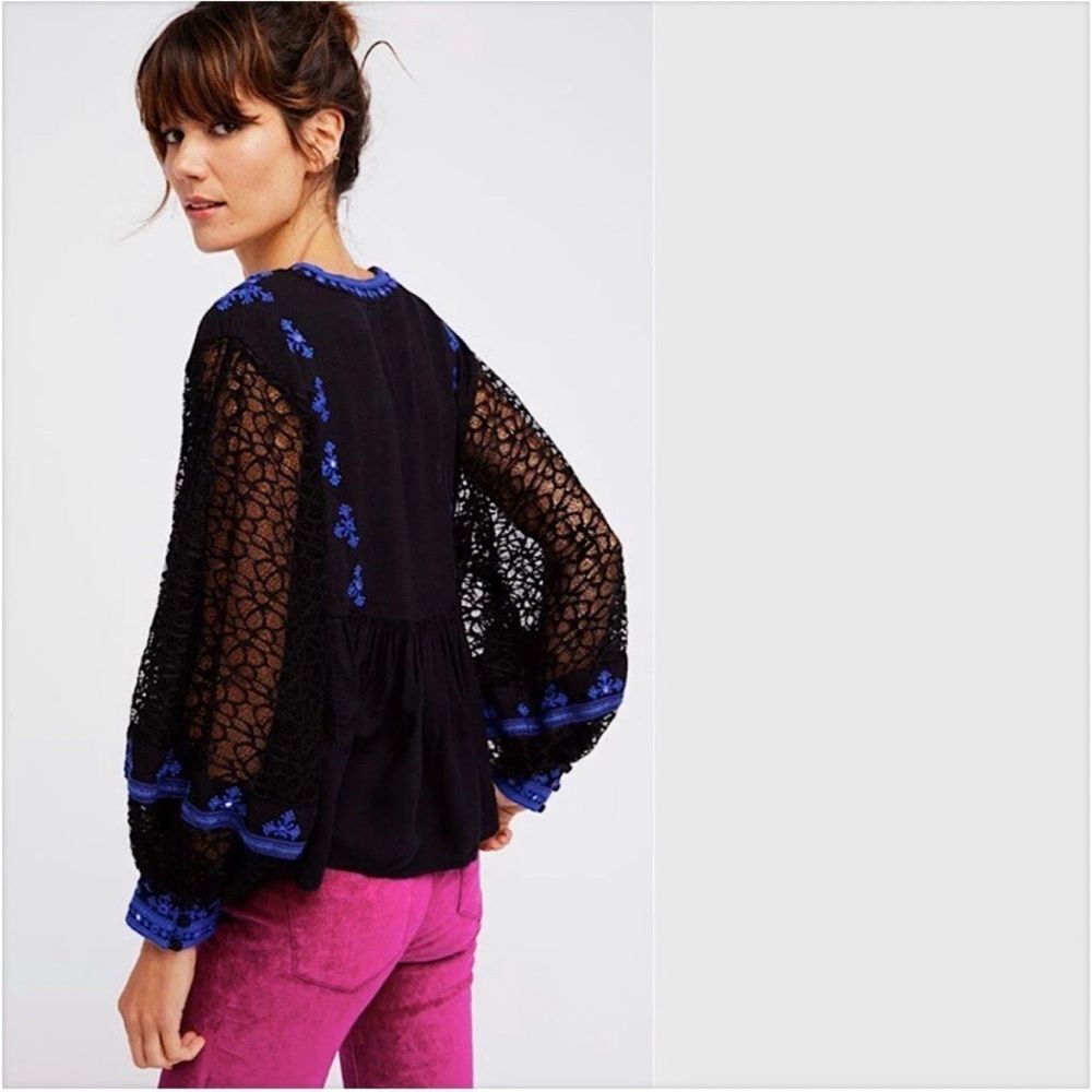 FREE PEOPLE Boogie All Night Peasant Blouse In Black S NWOT - Picture 3 of 13